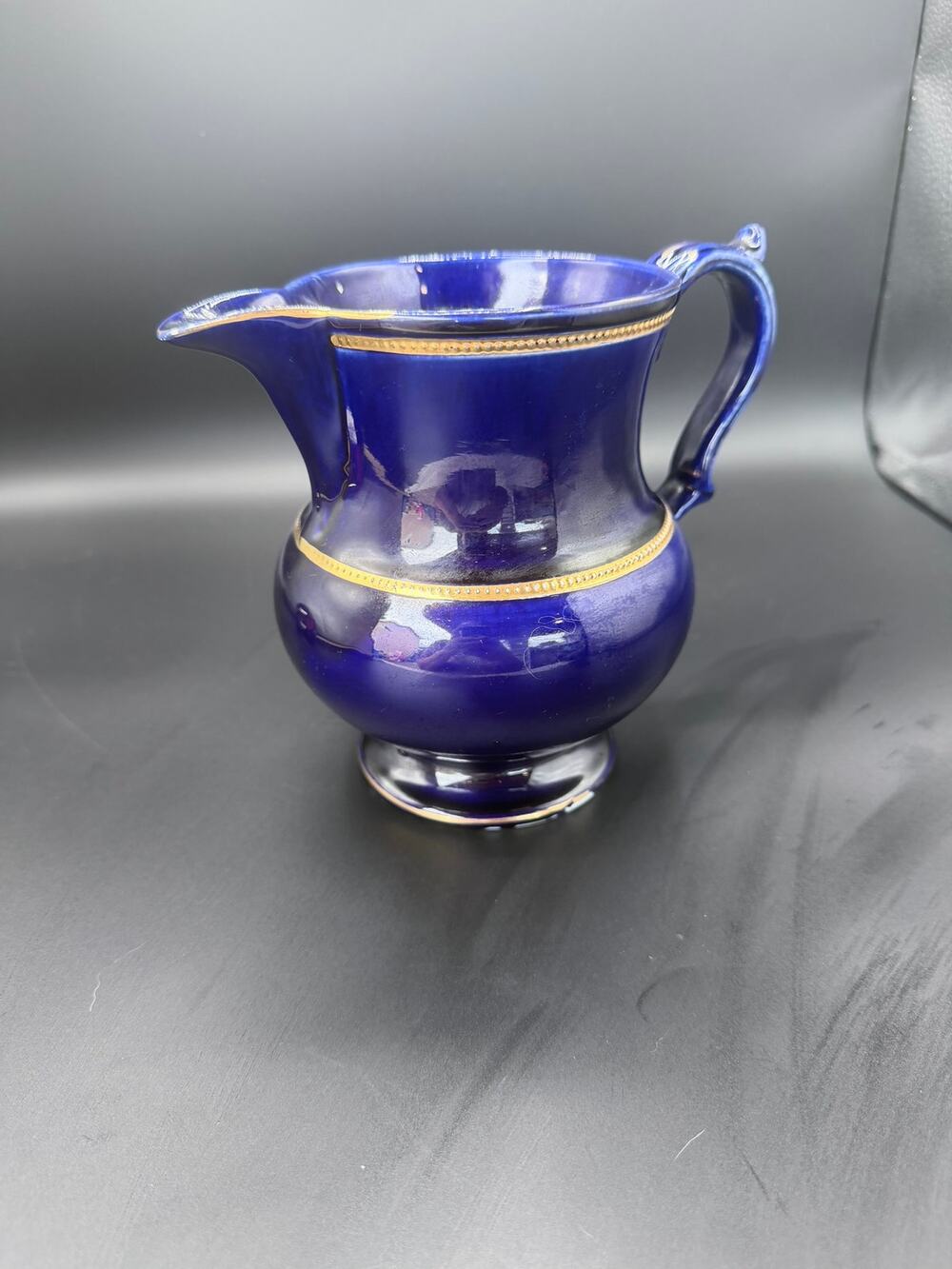 Vintage Cobalt Blue Lusterware Ceramic Pitcher Gold Trim 6.75 Inch